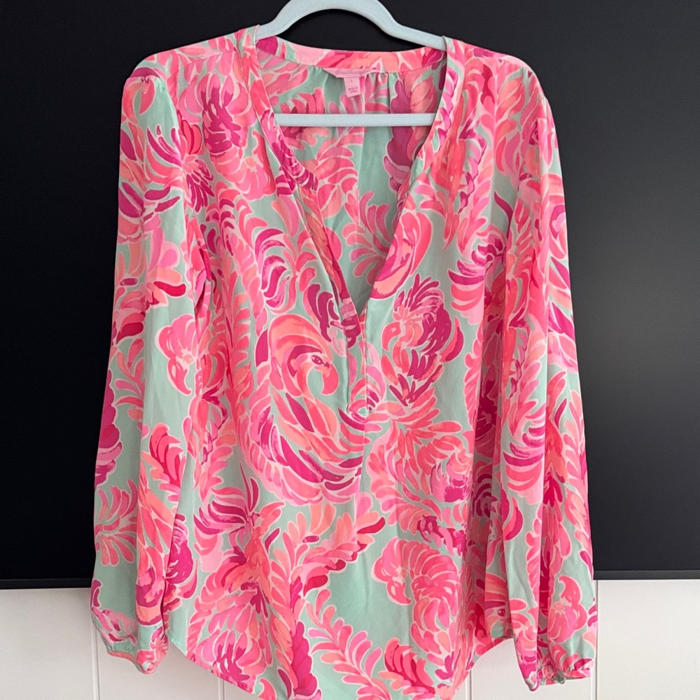 Lilly Pulitzer Pink and Aqua Floral V-Neck Blouse